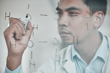 Image showing Scientist, man and clear board with formula, writing and pharmaceutical research in lab. Molecule structure, clinic and science worker with chemistry, hospital and laboratory planning with analytics