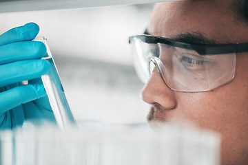 Image showing Science, research and man looking at test tube in laboratory, solution for vaccine or medical innovation. Healthcare, biotech lab analytics and medicine, scientist with pharmaceutical sample in glass