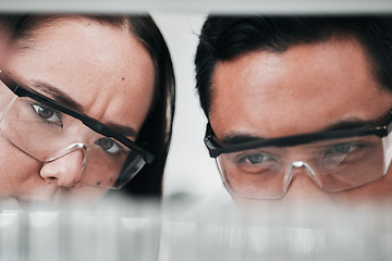 Image showing Science, woman and man looking at test tube in laboratory, research in vaccine results and medical innovation. Healthcare, biotech lab analytics and medicine, scientist team in pharmaceutical study.