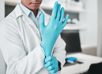 Image showing Hands, science and gloves for healthcare with a person in a laboratory for research or innovation closeup. Safety, medical and a scientist in a lab for analysis, development or discovery in medicine