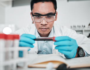 Image showing Science, blood test and man in laboratory for medical analysis, health inspection or vaccine development. Asian scientist studying tube for dna results, chemistry investigation or planning assessment