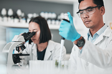 Image showing Science, collaboration and experiment with a team in a lab for research or innovation in medicine. Teamwork, investigation or breakthrough with scientist colleagues working in a medical laboratory