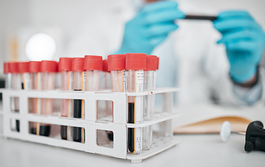 Image showing Science, research and blood in test tube, hands in laboratory, solution for vaccine or medical innovation. Healthcare, lab analytics and medicine, scientist with pharmaceutical sample in container.