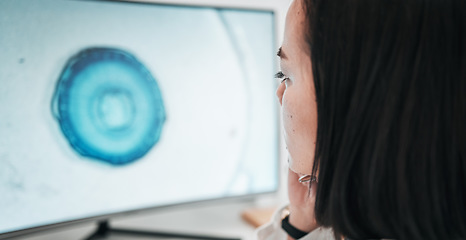 Image showing Computer, screen and woman in laboratory for website, innovation and medical research. Healthcare pc, pharmaceutical and worker reading online for medicine, biotechnology and medicine service