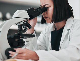 Image showing Science, check microscope and Asian woman in laboratory for research, medical analysis and study. Biotechnology, healthcare and scientist focus with equipment for innovation, sample and DNA test