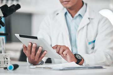 Image showing Man, hands and tablet in science laboratory for chemistry development, research and medical software for investigation. Closeup of scientist, digital analysis and test for biotechnology report online