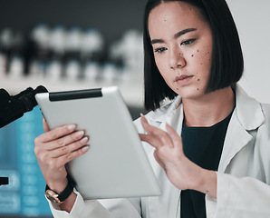 Image showing Scientist, woman and tablet of laboratory research, data analysis and reading results or online vaccine report. Asian doctor or medical expert on digital technology for science software in healthcare
