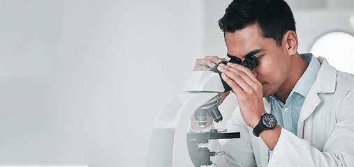 Image showing Microscope, science and banner of man in laboratory for research, analysis and studying genes, particles or dna. Scientist, biotechnology and check lens to review investigation, test and mockup space