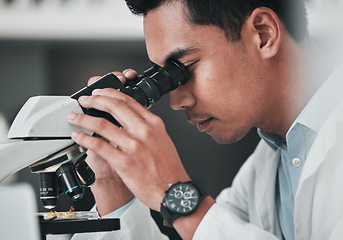 Image showing Scientist, man and microscope for science research, data analysis and DNA investigation with laboratory technology. Professional doctor or medical expert with lens check for particles inspection