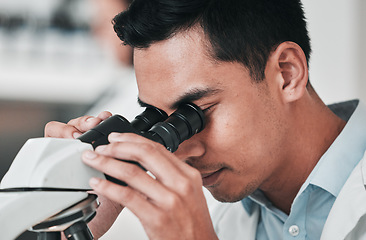 Image showing Scientist, man and microscope in laboratory research, DNA analysis and pharmaceutical development or medical study. Professional science person or doctor in biotechnology and lens check of particles