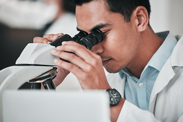 Image showing Scientist, man and medical microscope for research, DNA analysis and pharmaceutical investigation with laboratory data. Professional science person, doctor or expert with lens check for healthcare