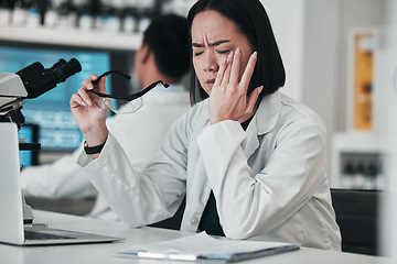 Image showing Stress, headache and scientist woman in laboratory working with microscope, tech and pharmaceutical research or results. Tired, fatigue and professional burnout in science, lab or person with pain