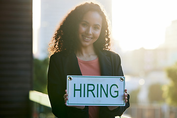 Image showing Happy woman, portrait and entrepreneur with hiring sign for small business growth or recruitment. Female person, employer or business manager with billboard or poster in recruiting or job opportunity