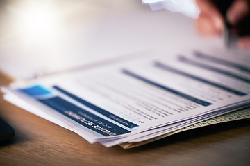Image showing Person, hands and writing on divorce documents, application or information on table or office desk. Closeup of partner signing legal paperwork, marriage contract or filling form for agreement or deal