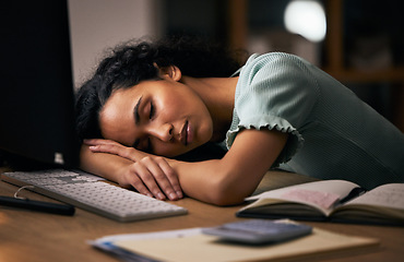 Image showing Night, business, and woman sleeping, tired and overworked with burnout, stress and exhausted in a workplace. Dark, person or employee with fatigue, nap at a desk and deadlines with rest or low energy