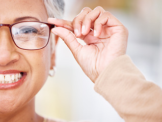 Image showing Glasses, senior woman and portrait of a happy customer shopping for vision lens, eye care or frame. Face closeup, smile or mature person for decision on optometry product choice for eyes or wellness