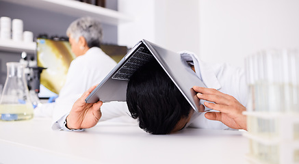 Image showing Laptop, stress and science with a man in a laboratory for problem solving a research or innovation project. Computer, burnout and anxiety with a scientist in a lab for experiment or investigation