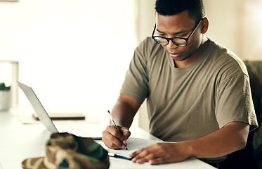Image showing Tax, planning and black man with remote work with paperwork for accounting, finance or strategy. Entrepreneurship, house and African entrepreneur or freelance worker with a document for investment