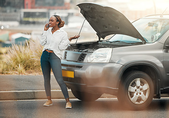 Image showing Car problem, phone call or frustrated black woman late for work from engine crisis on road. Talking, city street or worried African driver by a stuck motor vehicle with stress or anxiety in emergency