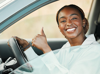 Image showing New car, smile or portrait of black woman with thumbs up, yes or thank you for vehicle finance or loan success. Motor, deal or happy driver ready for travel, transport or auto insurance agreement