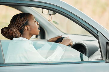 Image showing Angry, car or black woman on road in traffic jam on commute journey with stress, anxiety or worry. Travel, frustrated or late driver in motor vehicle transportation screaming for attention or driving