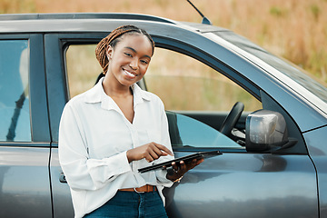 Image showing Car insurance, tablet and black woman portrait with motor evaluation and inspection from hire. Road trip, digital accident report and auto search outdoor with travel, app and navigation with smile