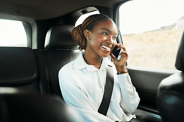 Image showing Smile, phone call and a business black woman a taxi for transport or ride share on her commute to work. Mobile, contact and a happy young employee in the backseat of a cab for travel as a passenger