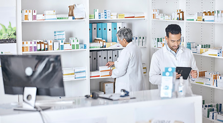 Image showing Pharmacy tablet, medicine and team collaboration on healthcare inspection, quality assurance or stock inventory. Teamwork, support help and pharmacist partner cooperation on hospital clinic storage