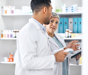 Image showing Pharmacy communication, medicine and people teamwork on medical, quality assurance or inventory inspection. Healthcare, clinic partner or pharmacist check pharmaceutical supplements, storage or stock