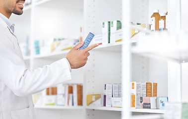 Image showing Medicine shelf, pharmacy hands and person search retail product, shop package or medical clinic stock. Hospital, drugs and pharmacist check pharmaceutical supplements, box label or reading pills info