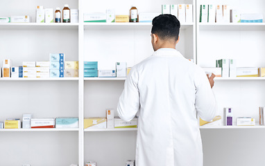 Image showing Medicine shelf, pharmacy and back of person search retail product, package or medical inventory stock. Inspection, drugs and pharmacist check pharmaceutical supplements, healthcare or pills storage