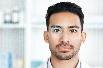 Image showing Face, eye and man with hologram, futuristic and network with technology, cyber security and facial scan. Portrait, person and employee with ai for retina, future and holographic with analytics or app