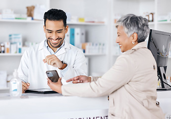 Image showing Pharmacy, doctor and senior woman with phone for healthcare, medical and clinic prescription instructions. Customer, mobile and happy with pharmacist and tablet with online information for support