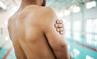 Image showing Shoulder injury, swimming and sports person problem, workout mistake or training fatigue, tired or burnout risk. Joint pain, medical emergency and back of swimmer massage muscle, strain or arm bruise