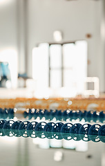 Image showing Swimming pool, sport lane lines and plastic water divider for workout and training race in gym. Sports, fitness and exercise for competition in a health, wellness and club equipment for game