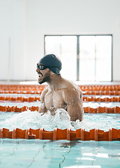 Image showing Swimming, pool and sports man celebrate challenge success of training, water performance or game victory. Achievement, competition and winner excited for race, fitness event or cardio celebration