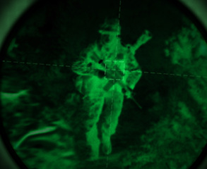 Image showing Dark, night vision and soldier in the military, war or mission for army with surveillance, security or agent of government. Green, man or person with overlay of sniper telescope view or enemy