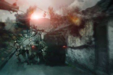 Image showing Explosion, warzone and apocalypse with soldier on battlefield for military, nuclear missile launch and army. Warrior, bomb and attack with target on city for rocket, destruction and Armageddon