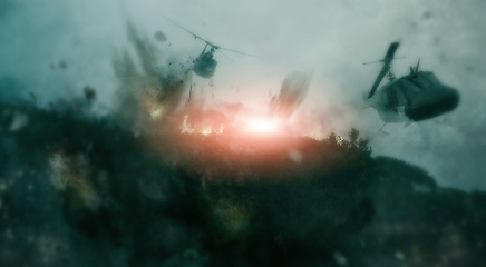 Image showing Helicopter, warzone and apocalypse with explosion on battlefield for missile, army and bomb launch. Warrior, solider and target with fight in city for military mission, rocket and nuclear attack