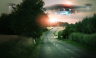 Image showing Road, UFO or spaceship with galaxy mission, countryside or planet with travel, alien transport or extraterrestrial. Craft, nature or trees with light beam, universe or science fiction with innovation