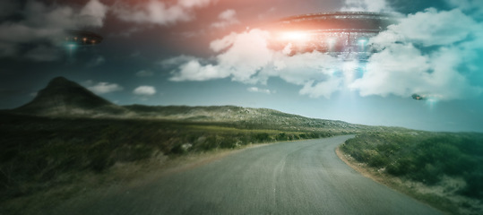 Image showing Road, UFO and spaceship with blue sky, innovation and planet with travel, alien and transport with science fiction. Craft, technology and trees with light beam, universe and galaxy mission with glow