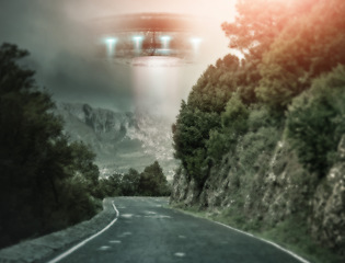 Image showing Road, UFO and spaceship with nature, galaxy mission and planet with travel, alien and transport with fantasy. Craft, streets and trees with light beam, universe and science fiction with innovation