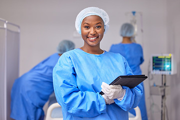 Image showing Smile, portrait and a black woman in surgery with a tablet for information, research and a schedule. Happy, hospital and an African surgeon or nurse with technology in a theater for communication