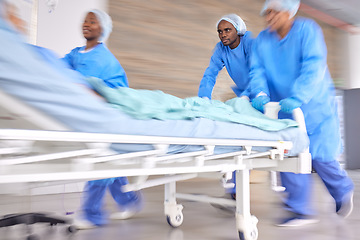 Image showing Surgery, emergency and running with doctors in hospital for medical, accident and operating room. Medicine, healthcare and wellness with people and rush in clinic for teamwork, fast and motion blur