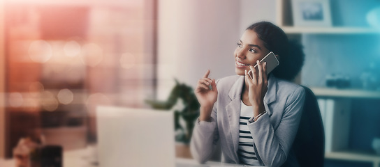 Image showing Business, thinking and woman with phone call, communication and networking with b2b, client or planning crm. Corporate, employee or entrepreneur talking on smartphone in office mockup or bokeh