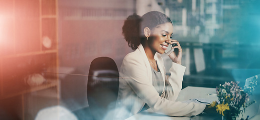 Image showing Business, phone call and black woman in international communication with client for networking, b2b or contact. Corporate, virtual assistant or receptionist talking on smartphone and typing on pc