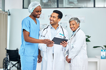 Image showing Group, doctors and nurse with a tablet, teamwork and connection with internet, conversation and network. Happy people, medical professionals and employees with technology, healthcare and planning