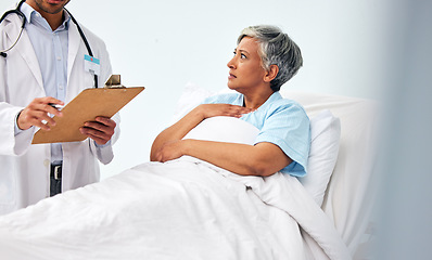Image showing Woman in bed, doctor with medical chart and checklist for health insurance, consultation and diagnosis advice. Stress in hospital, healthcare professional with patient information, results and talk.