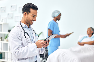 Image showing Doctor with tablet, chart and woman in bed, nurse with checklist for health insurance, consultation and advice. Hospital, healthcare professional with patient information, online results and smile.