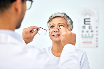 Image showing Consulting, optometry and medical with old woman and doctor for eye care, glasses and lens. Healthcare, ophthalmology and vision with senior patient in clinic for exam, eyesight and prescription